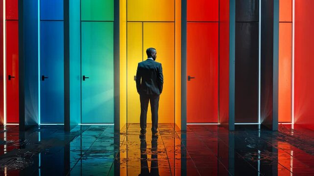 Choosing the right path in a vibrant corridor of doors at a modern art installation