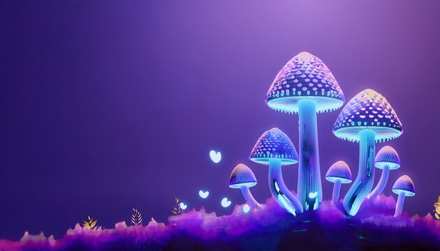 Goal of life, growth and, motivation concept: Bioluminescent mushrooms growing in a dark forest, growth in adversity. - Powered by Adobe