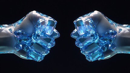 Studio photograph showing two fists made of shimmering blue iridescent diamonds back of the hand view moody overhead lighting on black background