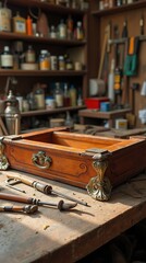 Vintage Woodworking Workspace with Antique Furniture Restoration Tools