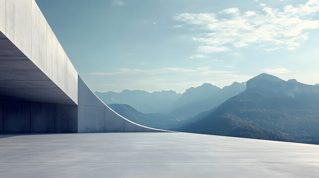 ancient inspired abstract architecture in 3d rendering featuring an expansive empty parking area with concrete flooring, set against a breathtaking mountain and open sky. - Powered by Adobe