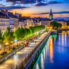 Fototapeta premium night view on the illuminated promenade on loire r