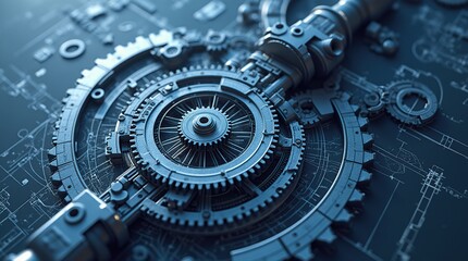 Intricate Mechanical Gear System Blueprint with Circular Components on Technical Background