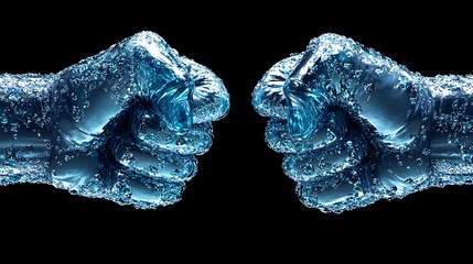 Studio photograph showing two fists made of shimmering blue iridescent diamonds back of the hand view moody overhead lighting on black background