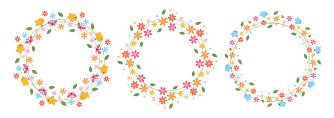 Set of Spring Wreath with birds, insects, flowers, green leaves. Floral round frames. Decorative element for greeting card, invitation, banner, sale, scrapbooking. 