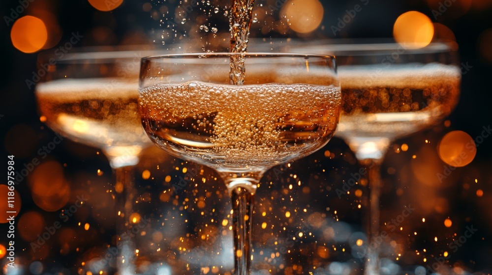 Poster sparkling beverages are poured into stylish glasses, creating bubbles as an atmosphere of celebratio
