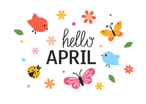 Hello April lettering. Cute set of spring elements. Birds, flowers, insects, leaves.  - Powered by Adobe