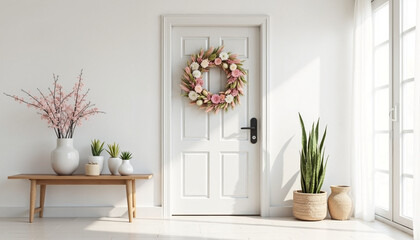 Charming entryway with floral wreath and modern decor