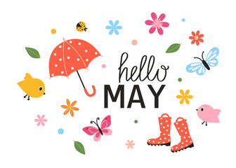 Hello May lettering phrase. Spring slogan with cute design elements. Vector illustration for card, scrapbooking, sale, background.