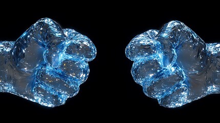 Studio photograph featuring two fists made of shimmering blue iridescent diamonds back of the hand view moody overhead lighting on black background