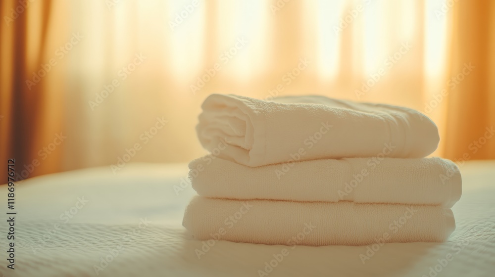 Aufkleber sunlight shining through window into hotel room with stack of fresh white towels lying on bed, creat