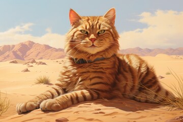 Obraz premium Portrait of a smiling cymric cat while standing against serene dune landscape background