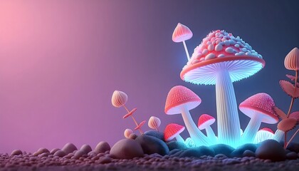 Goal of life, growth and, motivation concept: Bioluminescent mushrooms growing in a dark forest, growth in adversity.