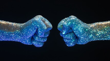 Studio photograph of two fists composed of shimmering blue iridescent diamonds back of the hand view moody overhead lighting on black background
