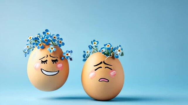 Creative display of emotions with decorated eggs featuring floral arrangements and expressive faces