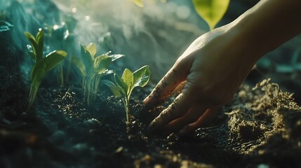 Fototapeta premium Hand gently tending young plants emerging from smoky soil.