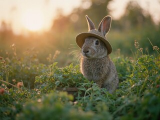 A charming rabbit in a hat harvests in the garden