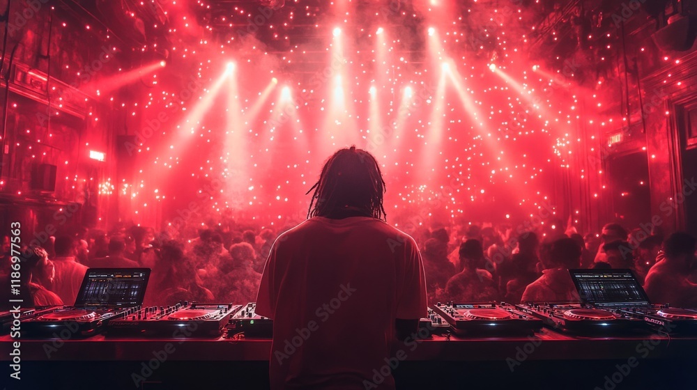 Poster a dj stands confidently at the turntables, immersed in a sea of red lights. the lively crowd dances 
