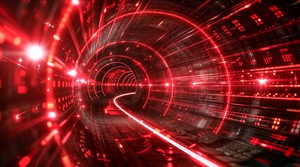 Bright red tunnel with dynamic light trails suggesting high-speed motion through a futuristic environment