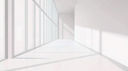 Obraz premium Minimalist White Office Corridor with Large Windows and Natural Light