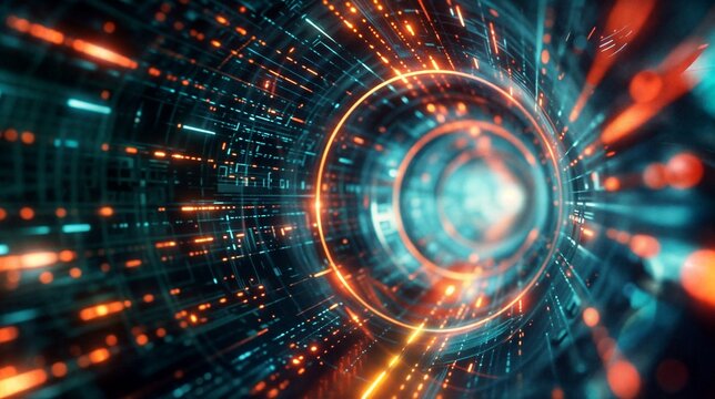 Dynamic visualization of a futuristic tunnel filled with glowing lights and data streams - Powered by Adobe