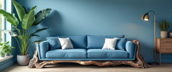 teal sofa with wooden base a room with green plant