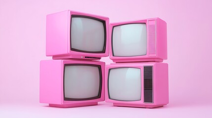 Four pink televisions from the 90s stacked mock up white screens white background 8k real photo