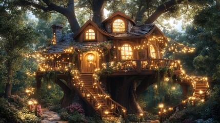 Enchanting treehouse at dusk, illuminated with fairy lights.