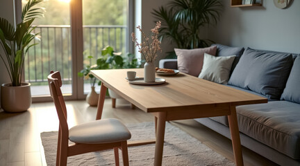 serene living room with wooden table gray sofa