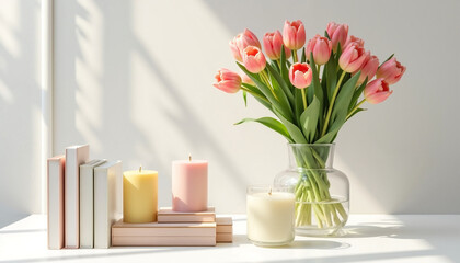 Fresh pink tulips with candles and books on a bright table