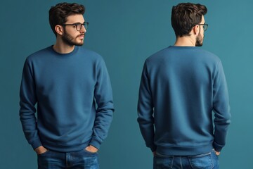 A man wears a plain blue pullover, front and back, for a pullover design mock up