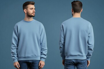 A man wears a plain blue pullover, front and back, for a pullover design mock up
