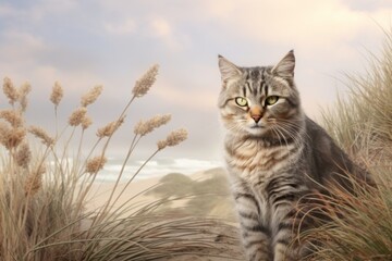 Obraz premium Portrait of a funny australian mist cat in serene dune landscape background