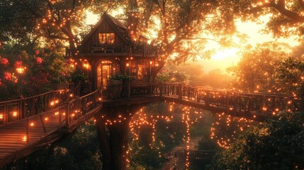 Enchanting treehouse at sunset with fairy lights.