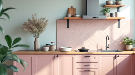 pastel pink kitchen with wooden accents