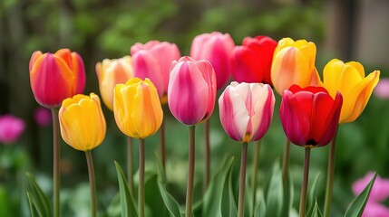 Vibrant Spring Tulips Arranged in Neat Rows on a Farm Landscape