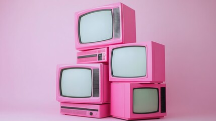Stack of pink televisions from the 90s mock up four units white screens white background 8k real photo