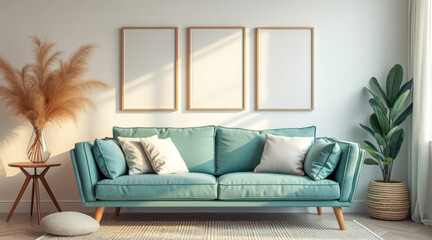 sunlit living room with teal sofa pampas grass