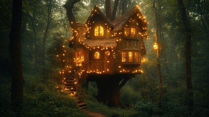 Fototapeta premium Enchanting treehouse in a misty forest at night.