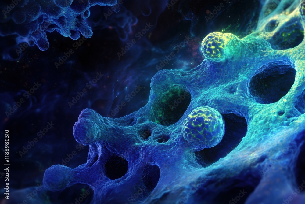 Poster Glowing cancer cells in a vibrant microscopic environment reveal the complexity of cellular structure and activity. Generative AI