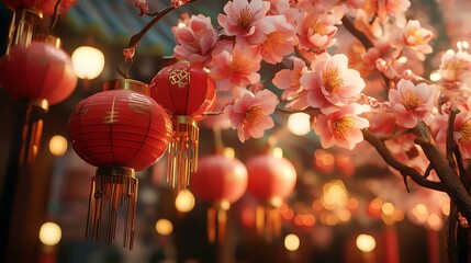 Peaceful Lunar New Year scene featuring lanterns, red envelopes, and blooming peach flowers, digitally rendered in high-quality with C4D OctaneRender and BlenderStudio lighting