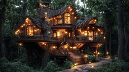 Enchanting treehouse nestled in a dark forest at night.
