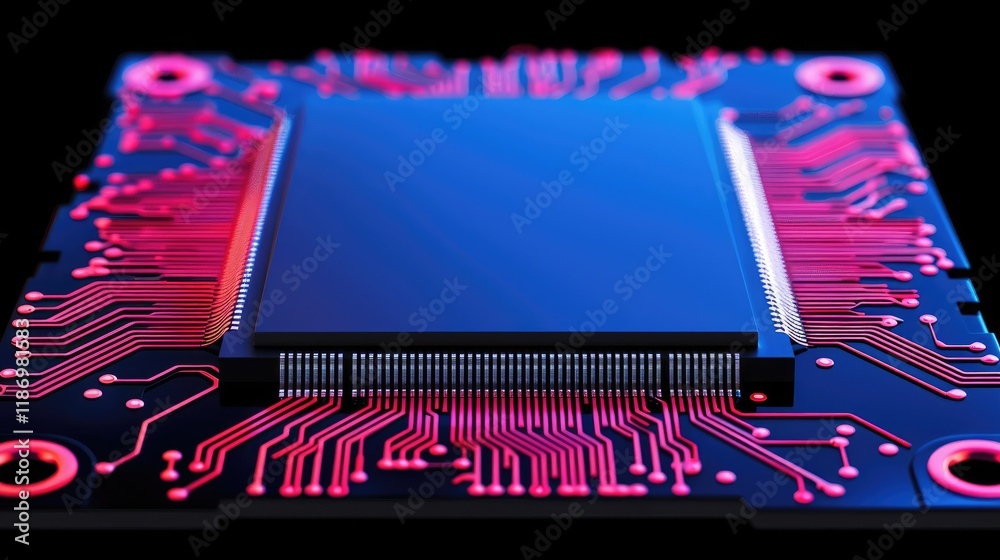 Poster close-up view of a microchip on a circuit board with neon red and blue patterns