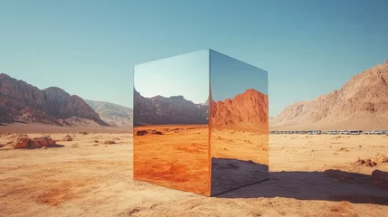 Gordijnen Here's a surreal landscape with a metal cube in the desert. Let me know if you'd like to adjust any details! © Maruf