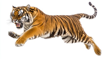 Fototapeta premium Majestic Tiger in Mid-Leap: A Stunning Wildlife Capture