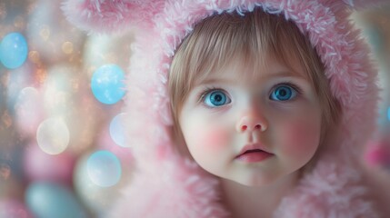 Fototapeta premium Adorable Baby Girl In Pink Furry Hood