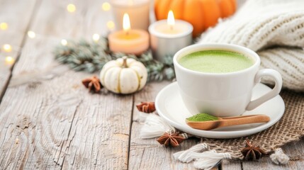 Cozy Autumn Scene Featuring Matcha Tea in a White Cup Surrounded by Candles and Seasonal Decorations