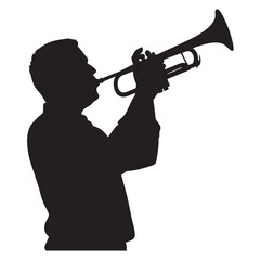 Silhouette of a musician, blowing a trumpet vector illustration isolated on a white background