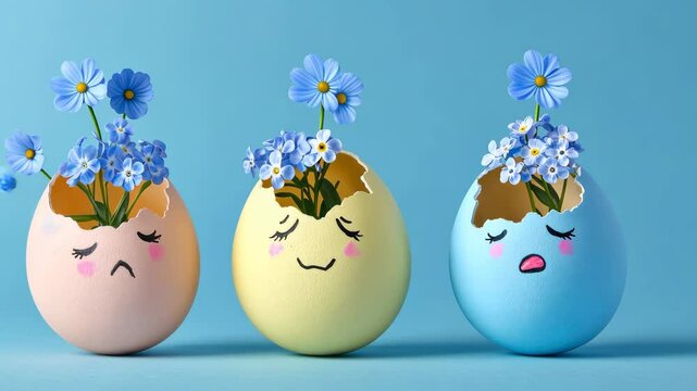 Colorful eggs with flowers showcase emotions of joy and sadness in a playful spring setting