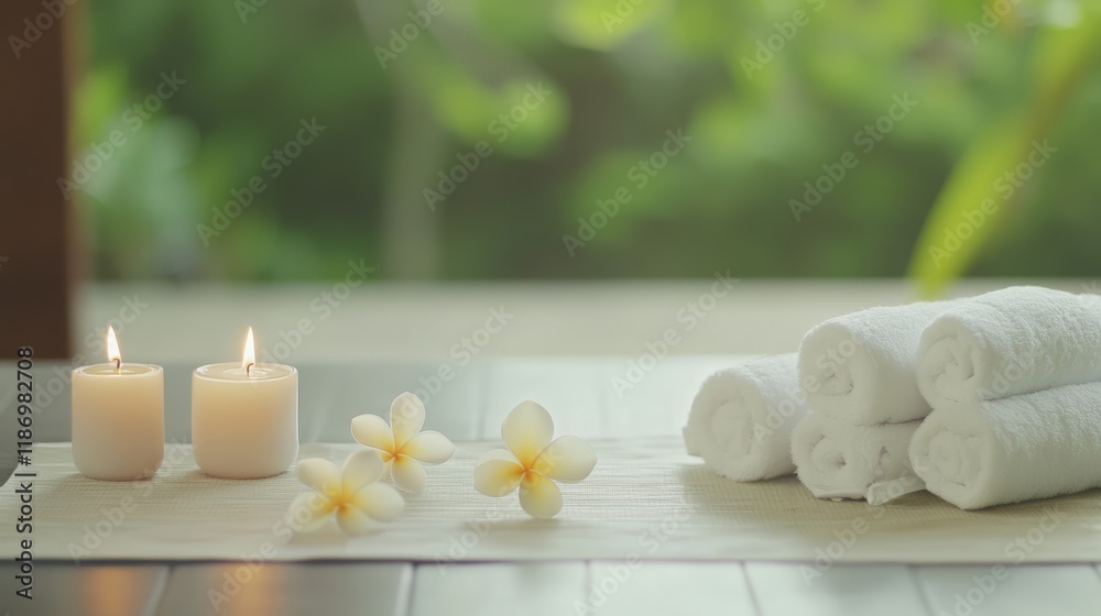 Poster two burning candles and rolled white towels are arranged on a table with frangipani flowers, creatin